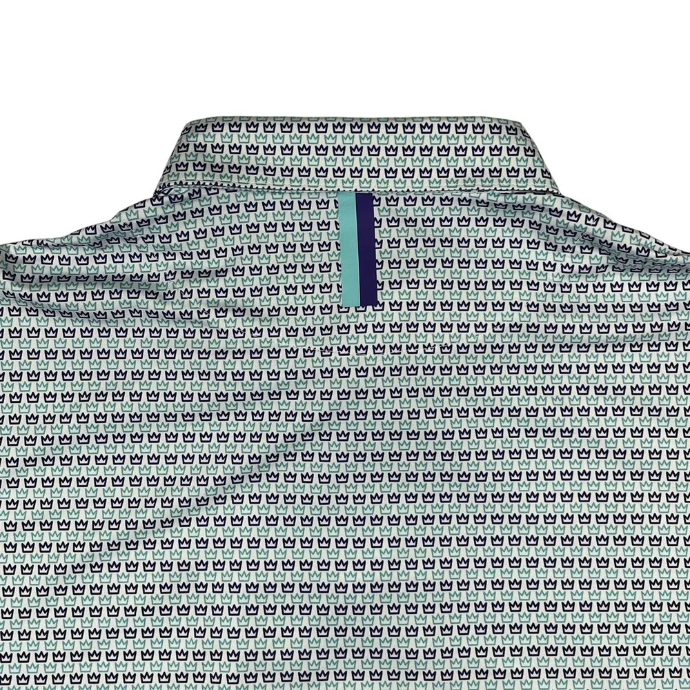 Rhoback Polo Shirt Mens XXL White‎ Navy Teal Crown Print Performance Golf Preppy
